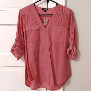 NWT Express Collarless V Neck Red Pinstripe Blouse W/ Pockets